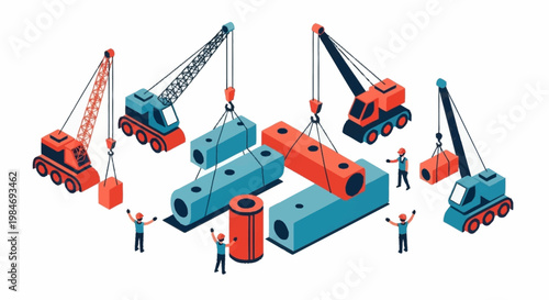 Construction Cranes Lifting Heavy Industrial Components.