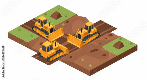 Construction site with three yellow bulldozers working on dirt ground.