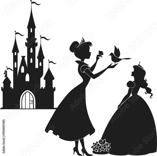 Two princesses and castle silhouette with decorative elements and bird
