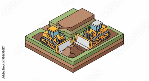 Two yellow bulldozers working on a construction site isometric view.