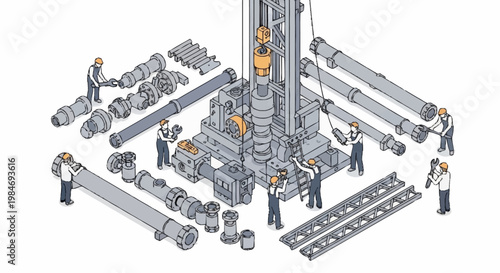 Industrial drilling rig assembly with workers illustration.