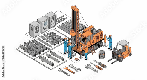 Construction workers operating drilling rig and machinery.