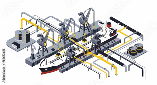 Industrial oil refinery with cranes and pipelines.