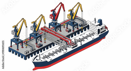 Industrial port with cargo ship and cranes loading cargo.