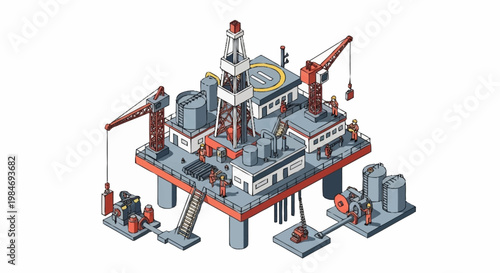 Offshore oil rig platform illustration industrial complex.