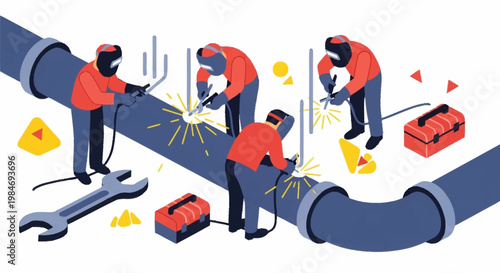 Construction workers welding large industrial pipes together on a site.