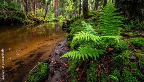 Forest stream edge. Ferns and moss flank a calm, tannin-stained creek amidst lush trees