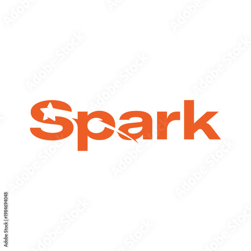 Modern “Spark” wordmark logo featuring a dynamic shooting star element. Bold vibrant orange typography and  white background convey energy, speed, and innovation, perfect for startups and creative bra