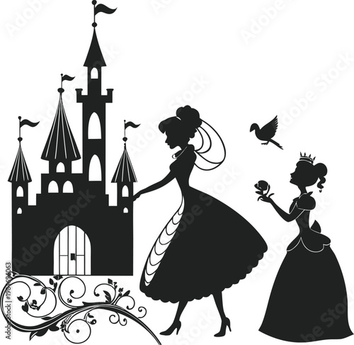 Two princesses and castle silhouette with decorative floral elements and bird