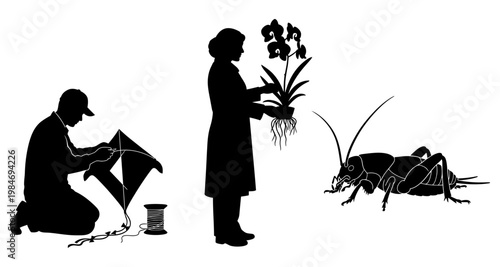 Man assembling kite woman holding orchid cricket insect against white background