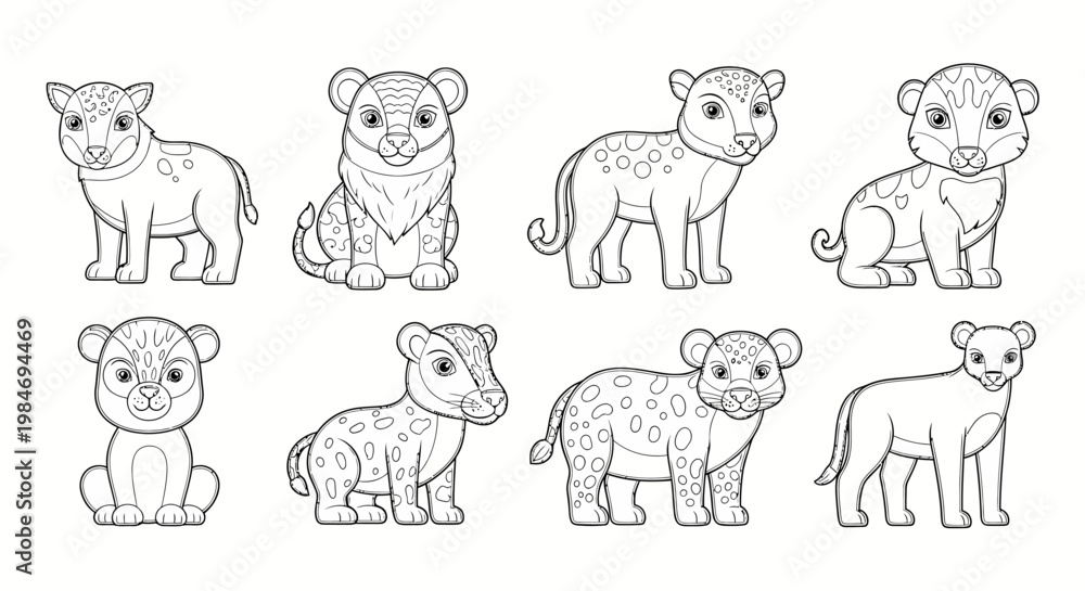 Fototapeta premium lion cub illustrations set in line art style for coloring book or kids activity