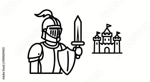 knight in armor holding sword standing in front of medieval castle for fantasy game