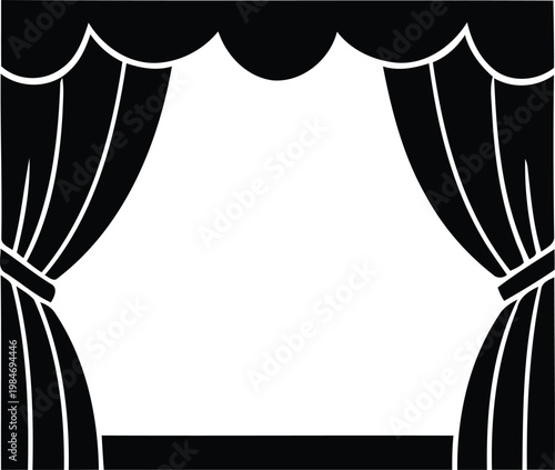 Simple black and white silhouette of a theater stage with open curtains and a valance.