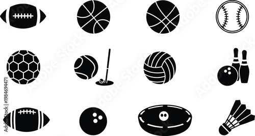 Set of twelve minimalist black and white sports icons featuring various balls and equipment items.