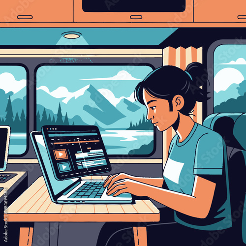 Young woman working on a laptop inside a camper van with a beautiful mountain and lake view.