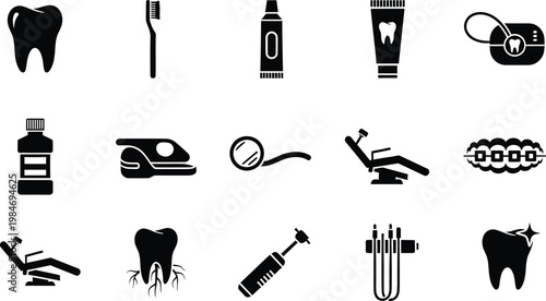 Collection of dental health icons including teeth, toothbrushes, toothpaste, and dental equipment.