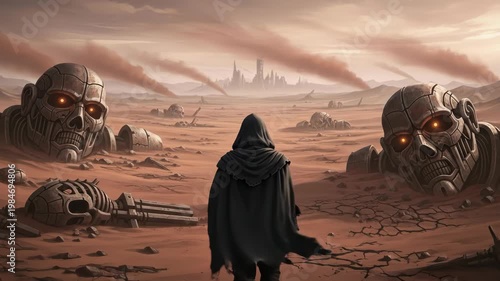 A lone hooded figure looks out over a dystopian wasteland filled with giant robot ruins.