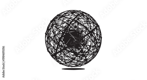 Abstract entangled sphere of lines, a complex three-dimensional network with a clock face integrated within.