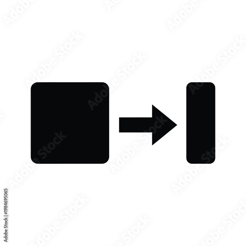 Abstract icon representing transformation, a large square shape converting into a thin rectangle, arrow pointing right.