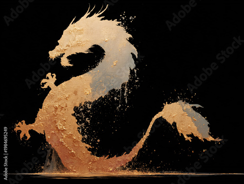 A golden Chinese dragon is depicted as a dynamic ink wash splash against a black background, with intricate brushstroke details, splatters, and drips creating a vivid, traditional East Asian artistic 