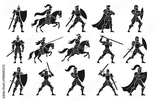 Collection of medieval knights in diverse action poses, featuring various armor styles and weaponry, on white background