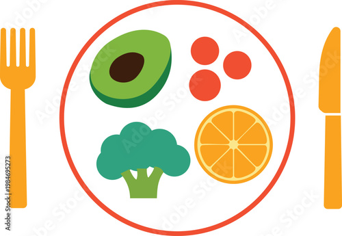 Healthy food plate avocado broccoli orange nutrition diet concept illustration