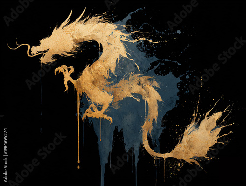A golden Chinese dragon is depicted as a dynamic ink wash splash against a black background, with intricate brushstroke details, splatters, and drips creating a vivid, traditional East Asian artistic 