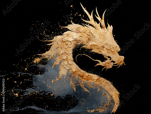 A golden Chinese dragon is depicted as a dynamic ink wash splash against a black background, with intricate brushstroke details, splatters, and drips creating a vivid, traditional East Asian artistic 