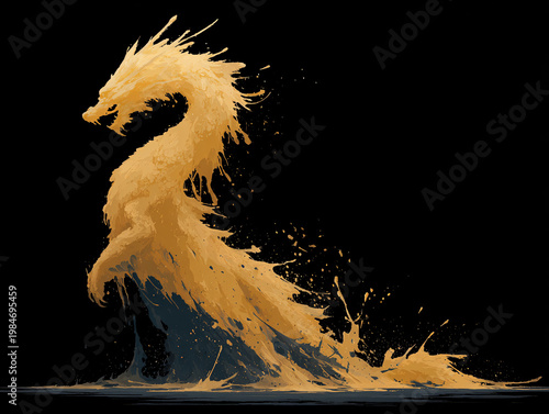 A golden Chinese dragon is depicted as a dynamic ink wash splash against a black background, with intricate brushstroke details, splatters, and drips creating a vivid, traditional East Asian artistic 