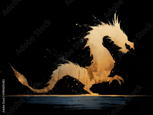 A golden Chinese dragon is depicted as a dynamic ink wash splash against a black background, with intricate brushstroke details, splatters, and drips creating a vivid, traditional East Asian artistic 
