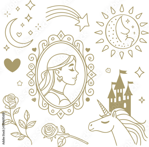 Fairy tale gold icons with princess portrait and unicorn and castle