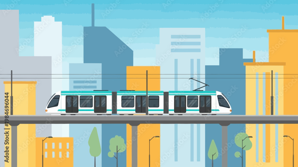 Fototapeta premium Modern Light Rail Train Moving Through Cityscape
