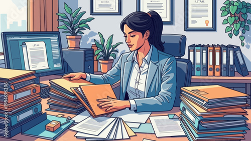 Paralegal organizing legal documents at her office desk