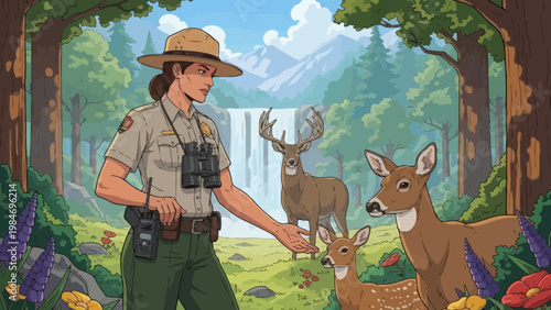 Park Ranger Interacting With Deer Family Near Waterfall