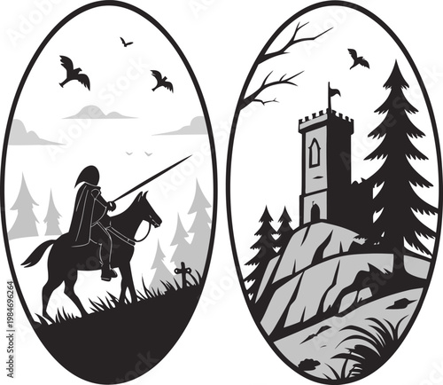 Knight on horseback with spear near graveyard and tower, oval silhouette, medieval scene