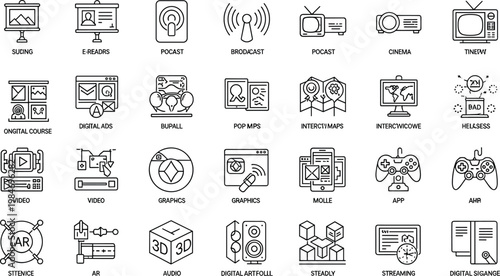 Digital Media and Multimedia Technology Line Icon Set Featuring Video Graphics Audio Streaming AR Game Controller Cinema and Marketing Symbols for Creative Design Projects