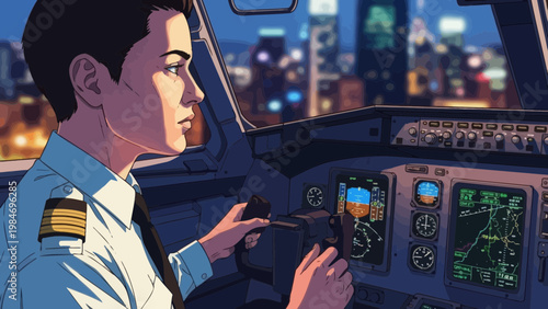 Pilot Flying Aircraft At Night Over City