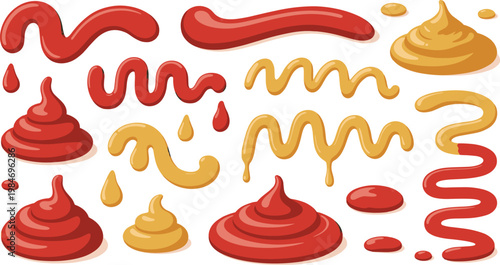 Tomato ketchup and yellow mustard sauce splashes swirls and drops set vector illustration for fast food restaurant menu and culinary design. 