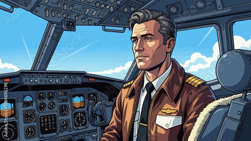 Pilot in Airplane Cockpit with Sky View