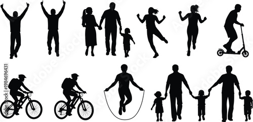 Active People Silhouette Vector Set Featuring Families Walking Cycling Jumping Rope Riding Scooter and Cheering Isolated on White Background for Healthy Lifestyle Design