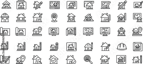 Professional architectural icon set featuring house blueprint designs, construction planning tools, real estate project development symbols, residential building engineering layouts and home renovatio