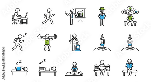 Collection of stick figure icons representing various human activities and professions.