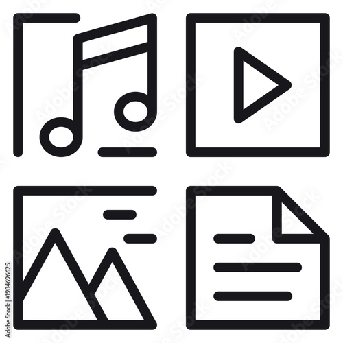 Multimedia content types vector icon set featuring minimalist black line symbols for music, video, image, and document files, ideal for digital asset management and web interface design.