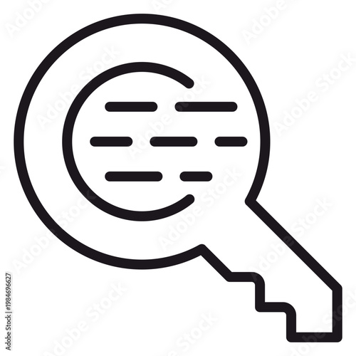 Photos Minimalist black vector icon of a key combined with a magnifying glass and data lines, representing secure search, data encryption, keyword discovery, and access control illustration
