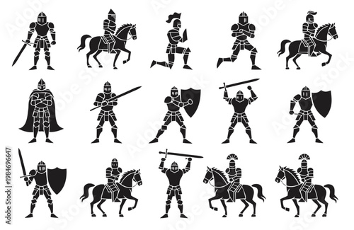 Set of medieval knight silhouettes in various poses including standing, running, and riding horseback with weapons