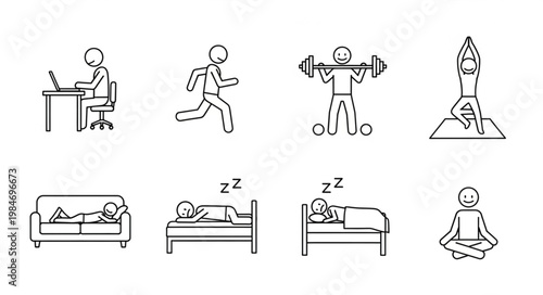 Stick Figure Icons Representing Daily Activities and Health.