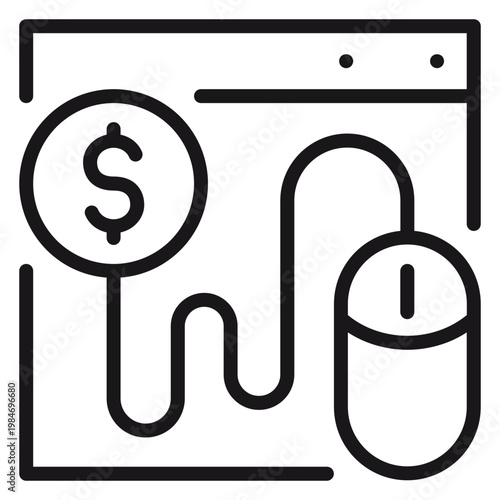 Pay-per-click PPC digital marketing vector icon illustration featuring a web browser window with a dollar sign coin connected to a computer mouse, representing online advertising and earnings.