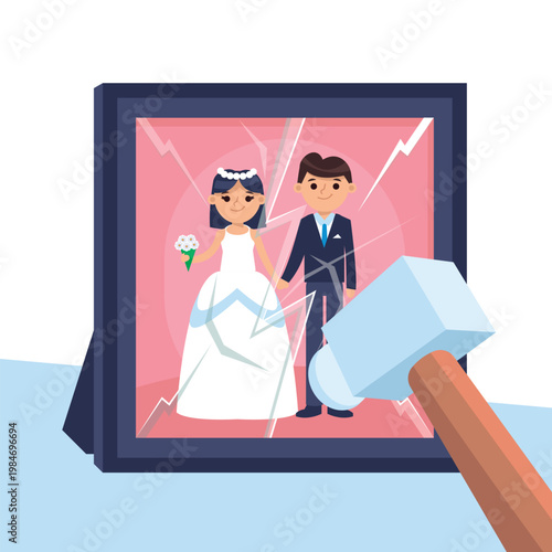 A cartoon illustration of a broken wedding picture with a hammer