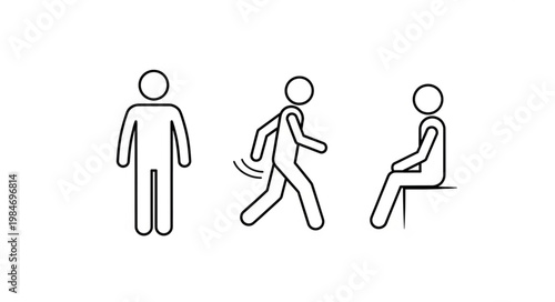 Three simple stick figures showing different human poses and actions.
