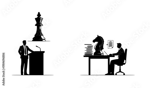 Strategic Business Debate Silhouette with Chess King and Knight Metaphor Vector Illustration